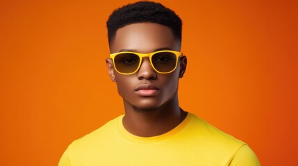 A confident young man in yellow sunglasses and a yellow t-shirt, with short dark hair
