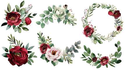 Fototapeta premium Watercolor red and pink floral illustration set - bouquets and wreath red peony, green leaf circle branches collection on white. Wedding invites, wallpapers, fashion. Eucalyptus olive leaves chamomile