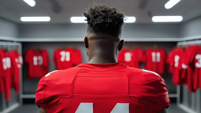 Football player preparing for game in locker room sports venue action shot intimate environment focused viewpoint