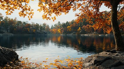 Obraz premium Lake with Autumn Foliage 16K Resolution Ultra Photorealistic