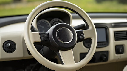Luxury Cream-Colored Steering Wheel with Modern Controls Against Natural Background