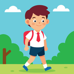 back to school Cartoon vector illustration of a happy boy playing soccer in the park, with a dog running alongside him on the grass