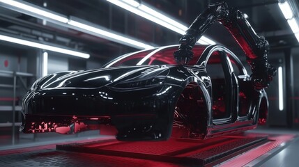 Obraz premium Robotic arm assembling a black electric car body in a modern factory.
