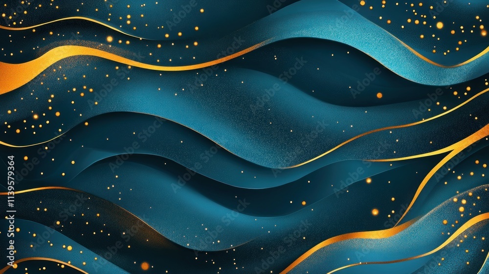 Poster Abstract waves in blue and gold create a dynamic, visually appealing background.
