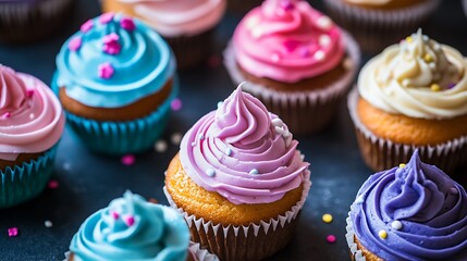 Colorful cupcakes with frosting and sprinkles. Sweet treats for a celebration.