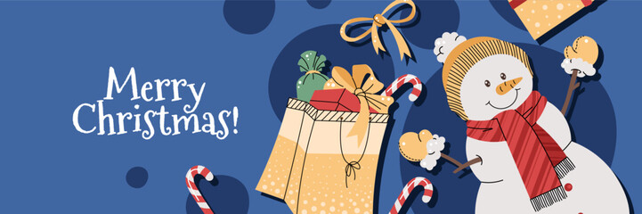 Christmas horizontal banner with a snowman and gifts on a blue background in a flat cartoon style. Vector illustration for poster, banner, invitation, etc.