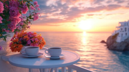 Romantic sunset over santorini with bougainvillea flowers and two cups of coffee © kardaska