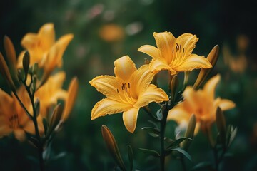 Fototapeta premium Yellow lilies blooming in a garden during summertime