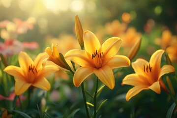 Obraz premium Yellow asiatic lilies are blooming in a garden under the warm sunlight