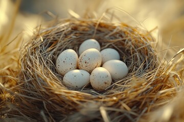 Obraz premium Bird nest holding several spotted eggs during golden hour