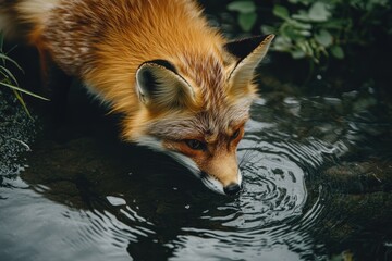 Red fox drinking water from a pond in the forest