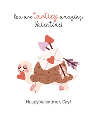 Valentines Day card with cartoon hand drawn turtle character. Romantic postcard template with cute animal carrying love letter and arrows on shell. Love concept greeting card. Flat vector illustration