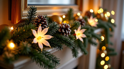 Beautiful Christmas Garland on a White Wall, Creating a Joyful and Festive Holiday Ambiance, Perfect for Seasonal Home Decor - AI-generated