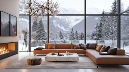 Luxurious, modern living room with large windows overlooking snowy mountains. A cozy fireplace,...