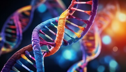 Vibrant DNA strands intertwine, a colorful close-up.