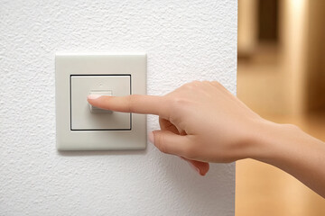 female hand presses the switch to turn on the light in the room