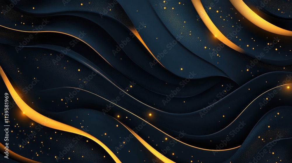 Poster abstract wavy design with golden accents and a dark background, creating a modern aesthetic.