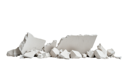 Destruction of white plaster debris scattered on a transparent background for design use