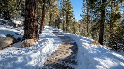 A close-up view of a snowy trail in a forest with wooden and stone pathways,