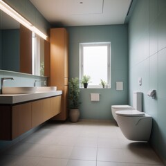 Fototapeta premium You are an interior designer. Draw a toilet room with dimensions in meters 1x1.5x2.5. The tiles on the walls are light beige. The toilet is compact with a white cistern. The toilet lid matches the col