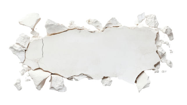 Cracked white wall with pieces of plaster falling off the surface revealing a transparent background