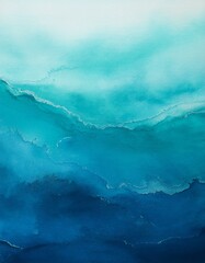 Abstract watercolor painting of serene ocean waves in shades of blue.