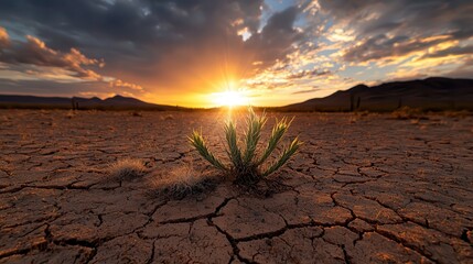 A stunning desert landscape featuring small cacti and agave plants against a vibrant sunset backdrop