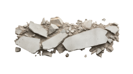 Broken concrete debris scattered on a white background ready for disposal or recycling