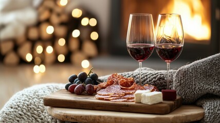 A cozy setting featuring two glasses of red wine, a charcuterie board with cheese, meats, and fruits, accompanied by a warm, inviting fireplace backdrop.