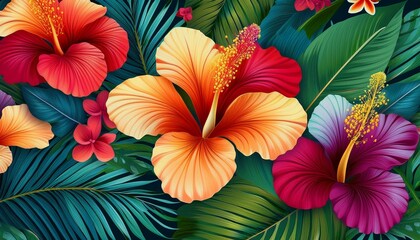 Vibrant hibiscus flowers and lush tropical foliage in a vivid digital artwork.