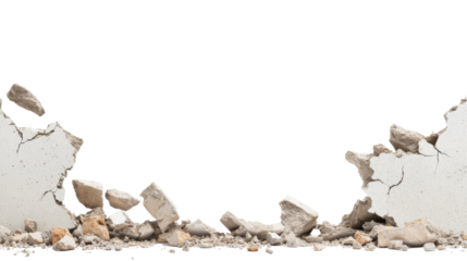 Cracked concrete wall breaking apart with rubble on a transparent background