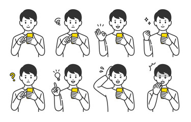 スマホを見ながらいろいろな表情･ポーズをする若い男性のセット【人物ベクターイラスト素材】