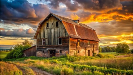 Obraz premium Rustic Brown Barn Panoramic Landscape, Abandoned Farm, Vintage Photography