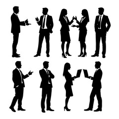 Silhouettes of professional men and women in business attire engaged in discussions and presentations.