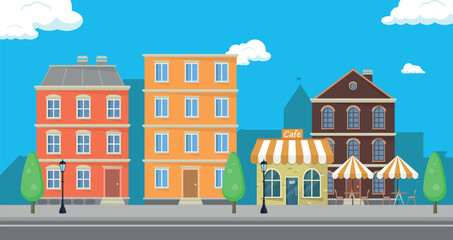 Naklejka premium Cafe building with residential buildings in the city center. Urban recreation concept.