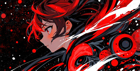 Dynamic and vivid illustration of an anime character with red and black abstract themes. The character has short flowing red and black hair