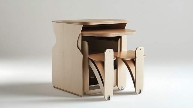 A compact dining area with a foldable table and stackable chairs for small spaces