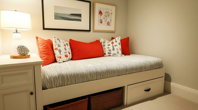 A guest room with a daybed that can be converted into a double bed and storage underneath