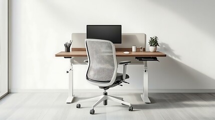A home office with a functional desk and an ergonomic chair set against a clean white wall