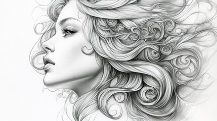 Elegant woman's profile portrait, with elaborate, flowing hair.