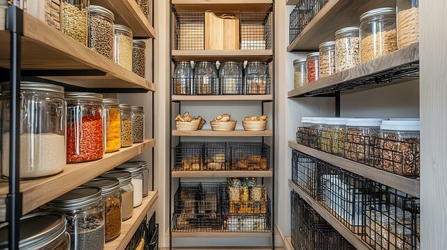 A kitchen pantry with pull-out wire baskets and labeled jars for an organized look