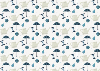 Eco-Friendly Water Conservation Icons Pattern. Seamless pattern featuring water-themed icons like umbrellas, raindrops, watering cans, and earth symbols promoting conservation and sustainability