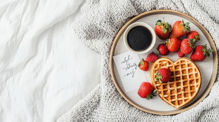 A heart-shaped waffle with fresh strawberries and syrup on a cozy plate, set on a textured blanket, creating a delightful breakfast scene.