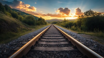 Fototapeta premium Sunset over train tracks. Concept of journey, adventure, and travel.