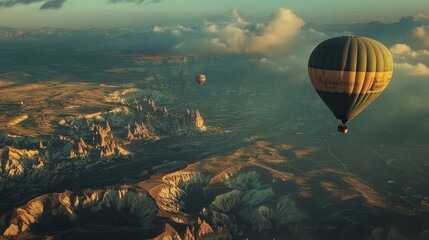 Obraz premium Aerial view of colorful hot air balloons floating over a scenic landscape at sunset.