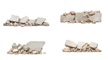 Various broken concrete pieces scattered on a transparent background for design projects