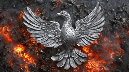 Obraz premium Silver eagle sculpture on a background of fire and rock.