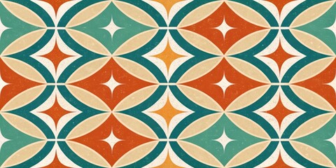 Retro Geometric Tile Pattern Seamless Design with Teal, Orange, and Beige Tones