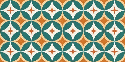 Seamless Teal Orange and White Geometric Starburst Pattern Design Ideal for Floor Tile, Wall Decor, or Textile Print