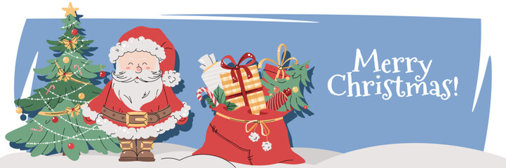Christmas horizontal banner with Santa Claus, gifts, and a Christmas tree on a blue background in a flat cartoon style. Vector illustration for poster, banner, invitation, etc.